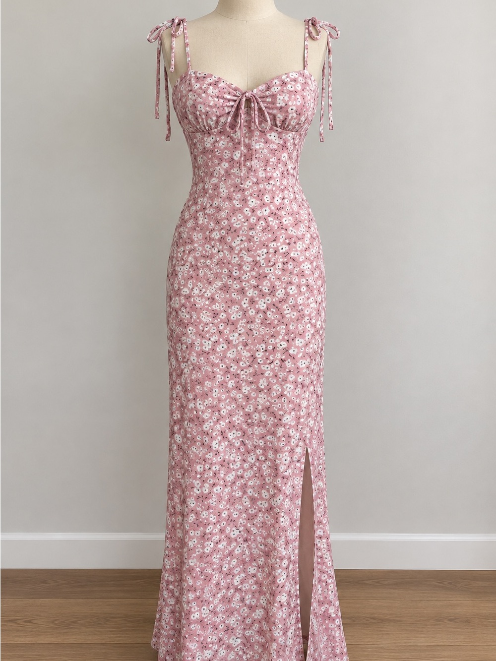 SHEIN Pink Floral Tie-Shoulder Maxi Dress with Side Slit